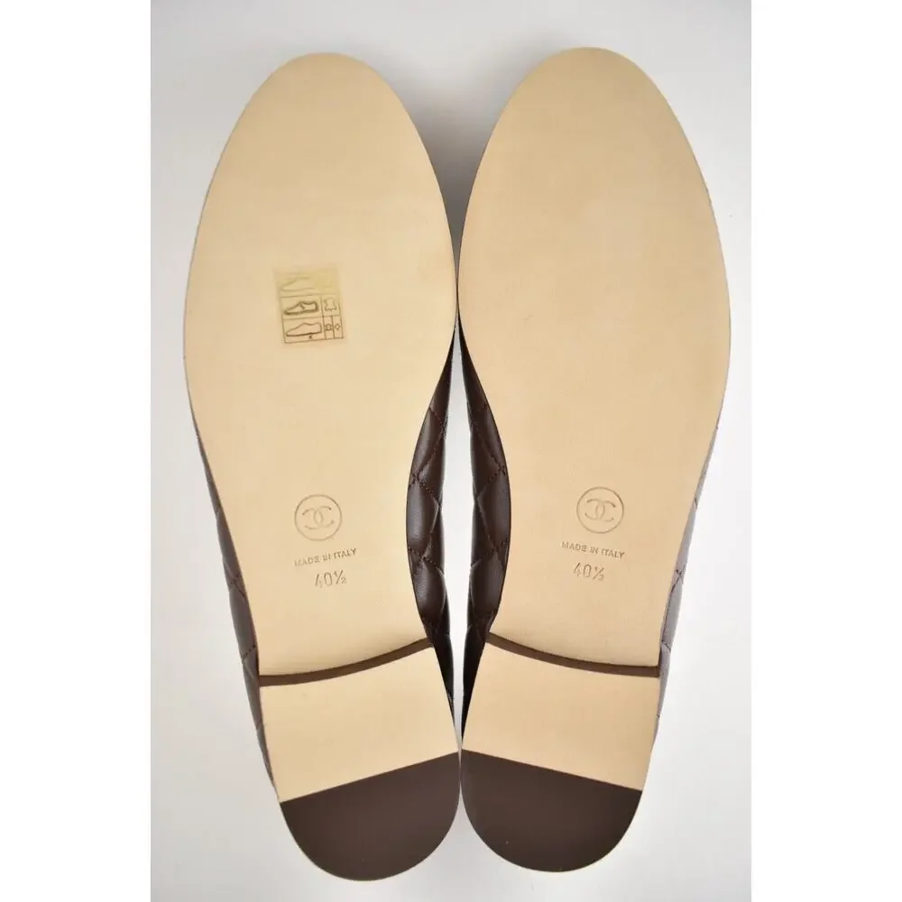 Chanel 26B Chocolate Dark Brown Lambskin Quilted CC Ballet Ballerina Flat 40.5